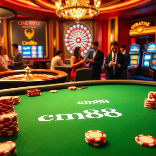 Exciting casino atmosphere with cm88 poker table, vibrant roulette wheel, and colorful chips.