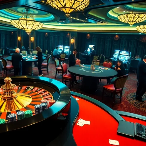 Players enjoying a thrilling night of gambling at the F168 Casino, with roulette and poker chips on display.