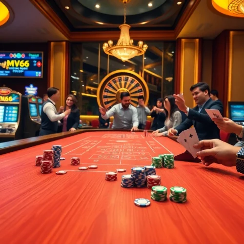 Exciting MV66 casino scene with baccarat and poker action, showcasing vibrant chips and roulette.