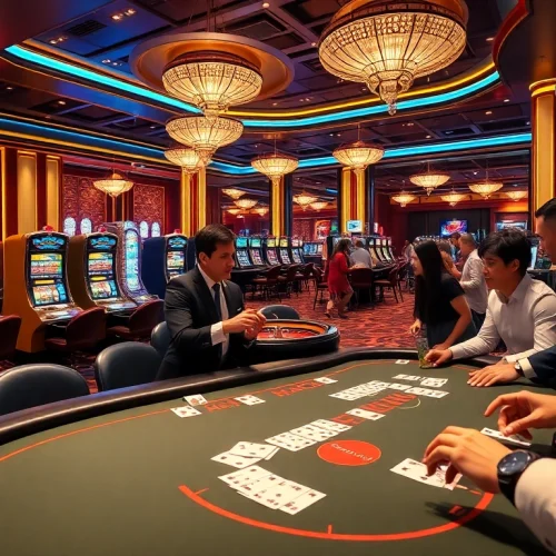 View of HITCLUB casino gaming area with excited players and vibrant slot machines.