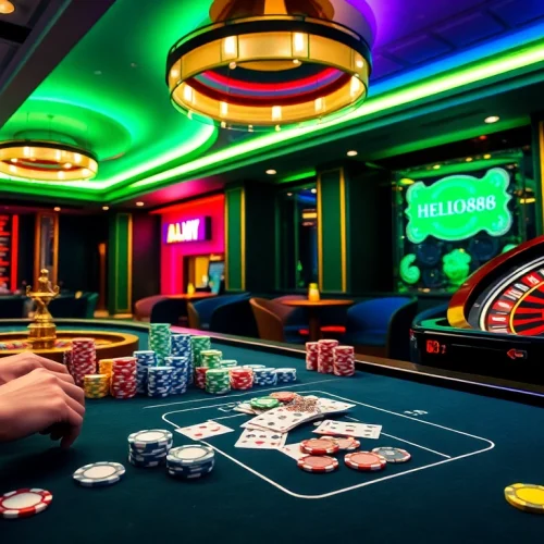 Engaging scene at nhà cái hello88 casino featuring vibrant poker chips, a roulette wheel, and a professional dealer.