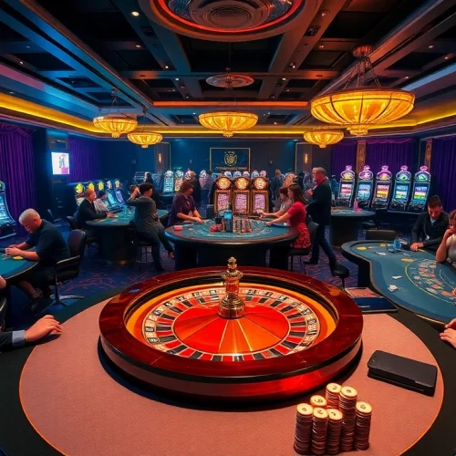 Players enjoying high-stakes games at the Hit Club casino, featuring vibrant poker chips and roulette.