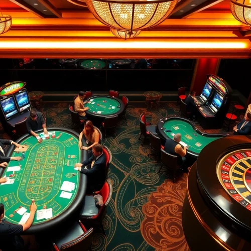Action-packed scene at a SUNWIN casino with players at poker tables and vibrant slot machines.