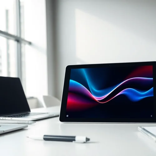 K88 tablet displayed on a modern office desk, showcasing a vibrant screen and professional workspace.