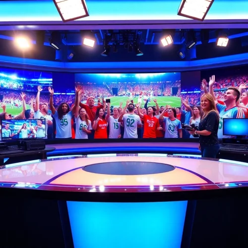 Captivating scene showcasing sports broadcasting with vibrant studio setup and technology.