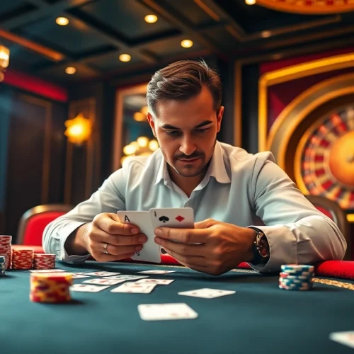 Players engaging in thrilling poker at Rikvip, surrounded by vibrant casino decor and glimmering chips.