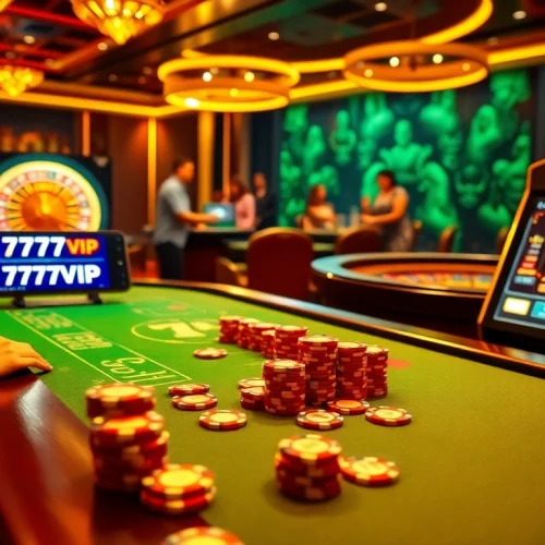 Engaging players at a luxurious casino table featuring 777VIP poker chips and slot machines.