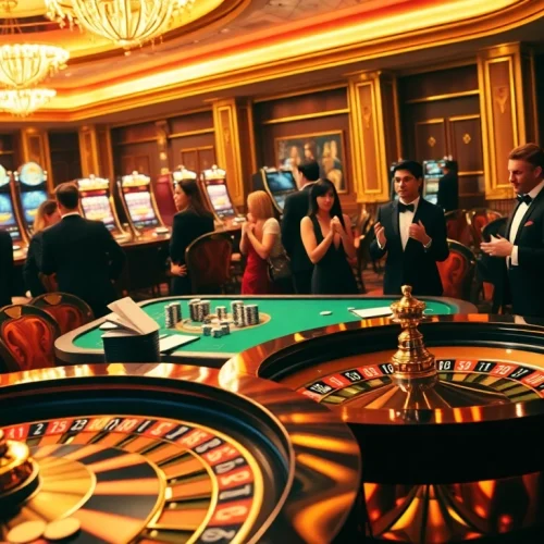 Exciting 8kbet casino scene showcasing vibrant chip action and lively players at tables.