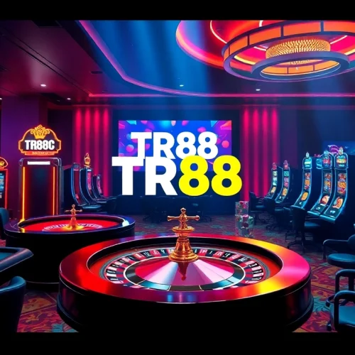 Experience the excitement of TR88 with vibrant casino visuals including poker chips and roulette.