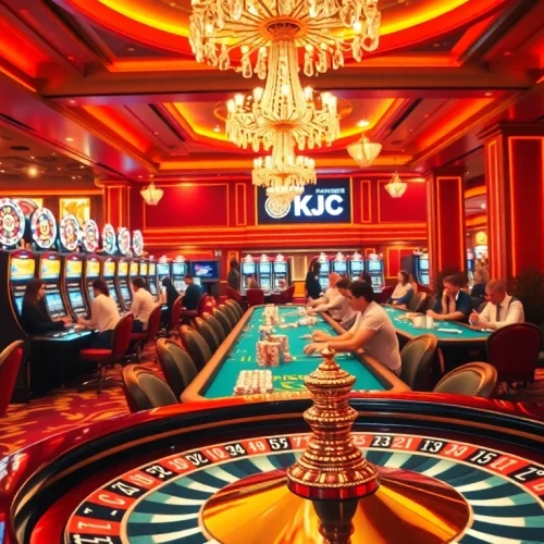 KJC casino scene with players at slot machines and poker tables in a luxurious setting.