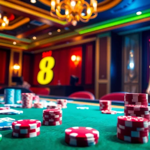 S8 casino table filled with vibrant poker chips and cards, showcasing a thrilling gambling atmosphere.