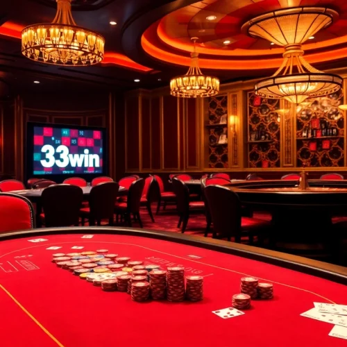 Experience the excitement of gambling at 33win with vibrant casino visuals of poker tables and roulette.