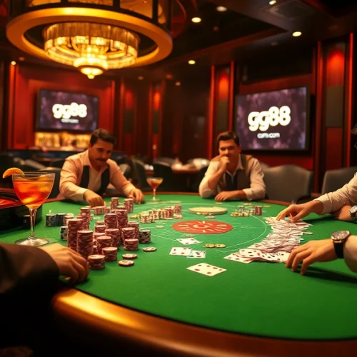 High-stakes poker game with vibrant poker chips and gg88 com logo showcasing casino excitement.