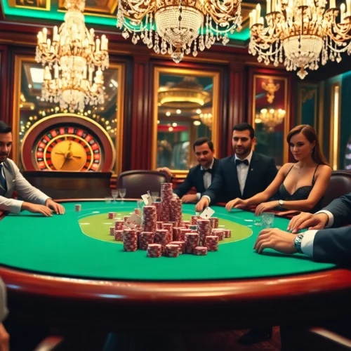 Exciting poker action at https://www.vvjl6.com/ with luxurious casino ambiance and vibrant poker chips.