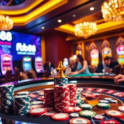 Players placing bets at a glamorous Fb88 casino with roulette and poker tables.