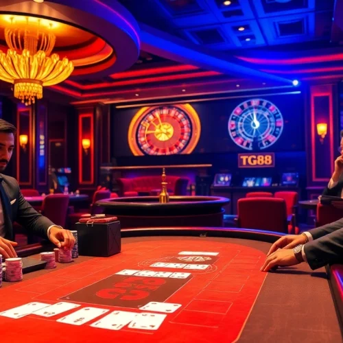 Players at a TG88 poker table strategizing for big wins in a vibrant casino atmosphere.