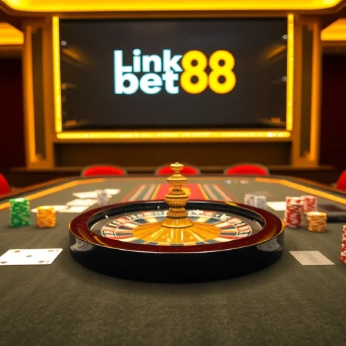 Engaging scene with gambling excitement featuring Link Bet88's digital presence amidst casino elements.