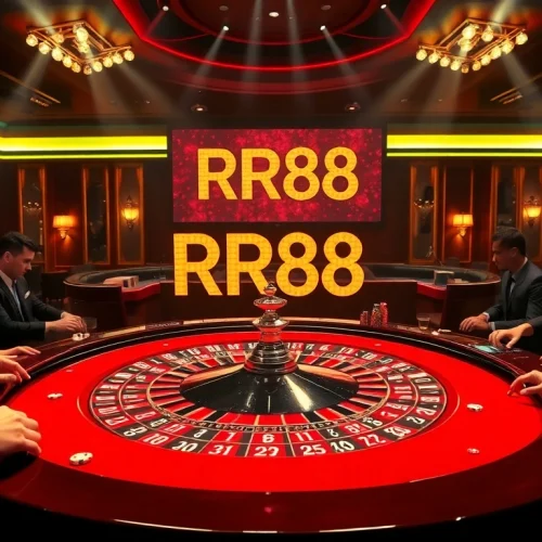 RR88 players excitedly placing bets at a luxurious roulette table with colorful chips and cards.