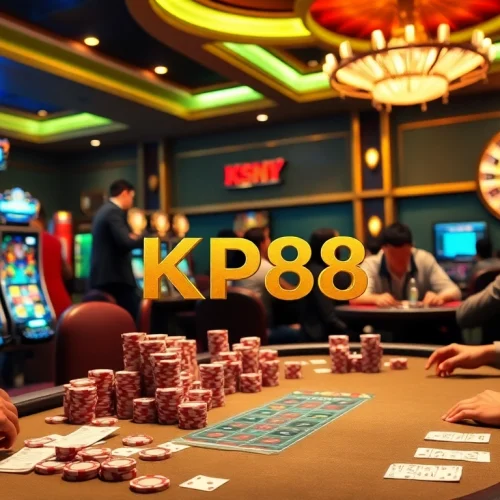 Players strategizing at a vibrant poker table with KP88 branding visible.
