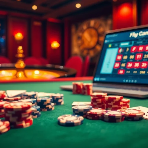 Engaging gaming atmosphere at Nhà cái Fly88 featuring luxurious casino tables and vibrant poker chips.