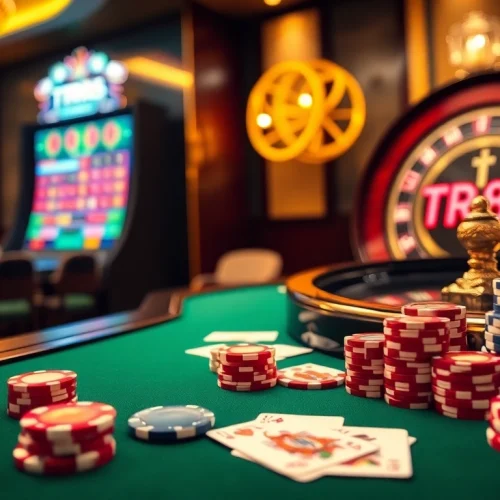 Engaged players at a luxurious casino table with TR88 displayed on a slot machine.