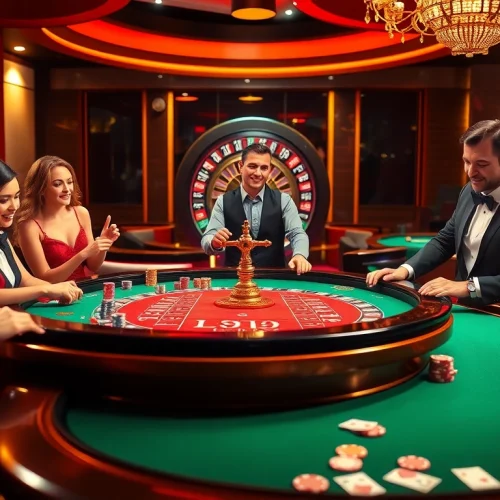 Exciting kp88 poker table action with colorful chips and cards in a luxurious casino.