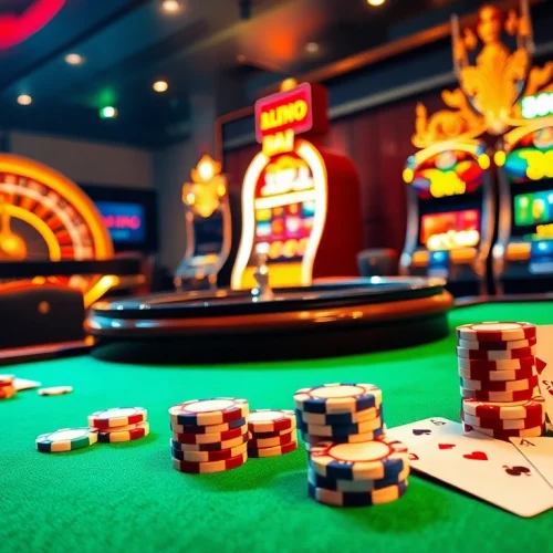 Experience excitement at the 88i online casino table with vibrant chips and cards.