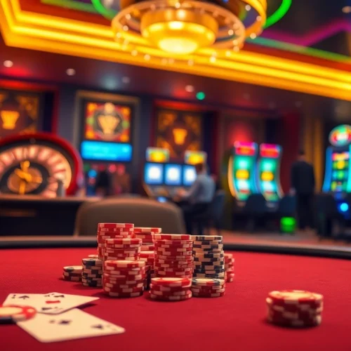Engage in thrilling kp88 bet experiences at an exciting casino scene with vibrant slot machines, roulette wheels, and poker tables.