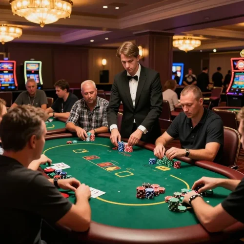 This busy gambling scene at https://dagatructiep.co.uk/ showcases players engaging in intense poker gameplay with colorful chips and lively atmosphere.
