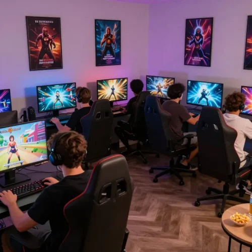 Engaged players enjoying immersive sex simulator games in a vibrant gaming setup.