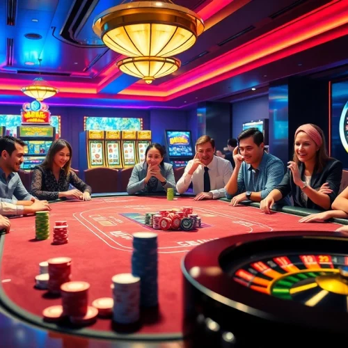 Players experiencing the excitement of poker at NH88, surrounded by vibrant casino elements.