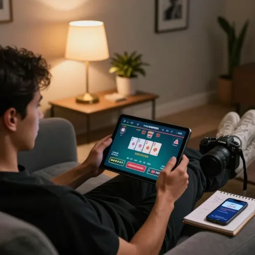 Player enjoying a strategic poker game on az888 app during cozy home evening with notes and tablet