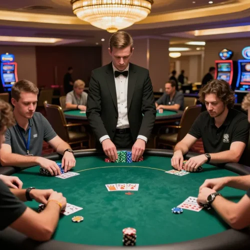 Players strategizing during an intense poker game at the 789 club in a luxurious casino setting