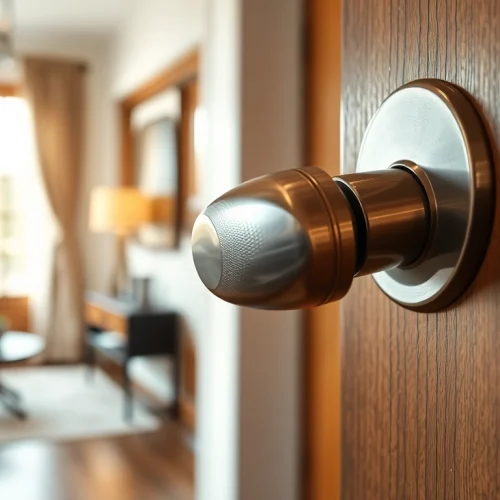 Showcase the elegant door handle with polished metallic finish against a soft background.