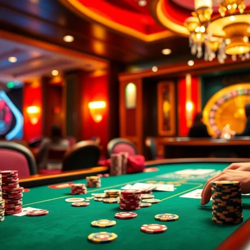 Experience the thrill of poker at https://tg88m.com/ with vibrant chips and intense players in a luxurious casino setting.