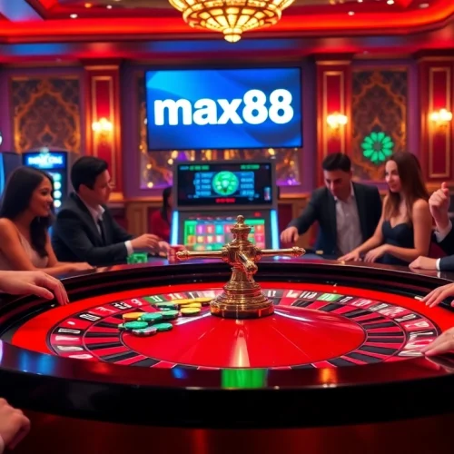 Exciting gambling scene at max88 casino with players at the roulette table.