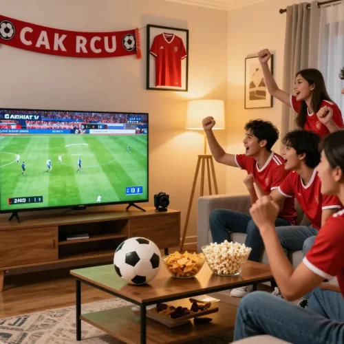 Excited soccer fans celebrating a Cakhiatv live match in a cozy living room.