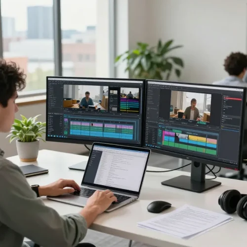 Data analyst using video to prompt technology in a bright office, showcasing AI video analysis process.