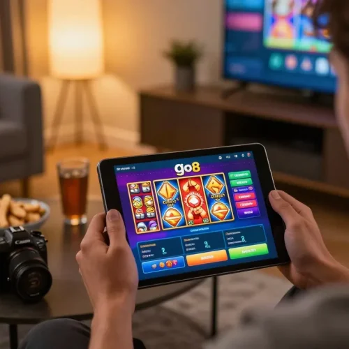 Player engaging with go8 casino app on a tablet while enjoying a cozy home atmosphere