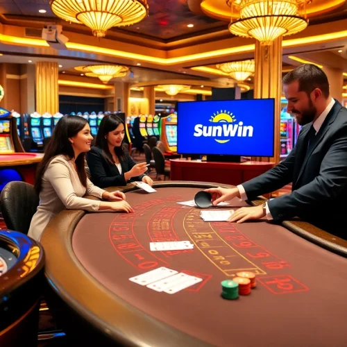 Players enjoying a thrilling game experience at sunwin casino with vibrant tables and engaging dealers.