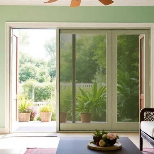 Fly screen for patio doors beautifully integrated into a garden scene, enhancing outdoor enjoyment.