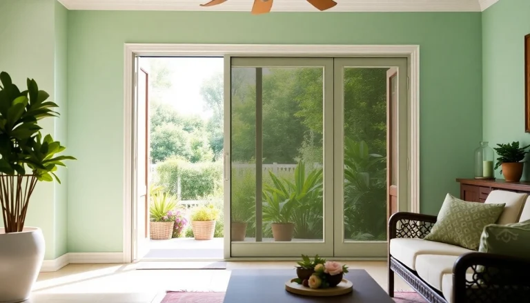 Fly screen for patio doors beautifully integrated into a garden scene, enhancing outdoor enjoyment.