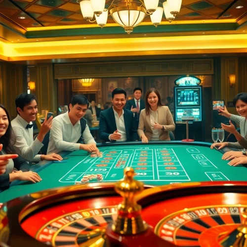 Players enjoying the thrilling nohu game experience at an elegant casino table with vibrant decor.