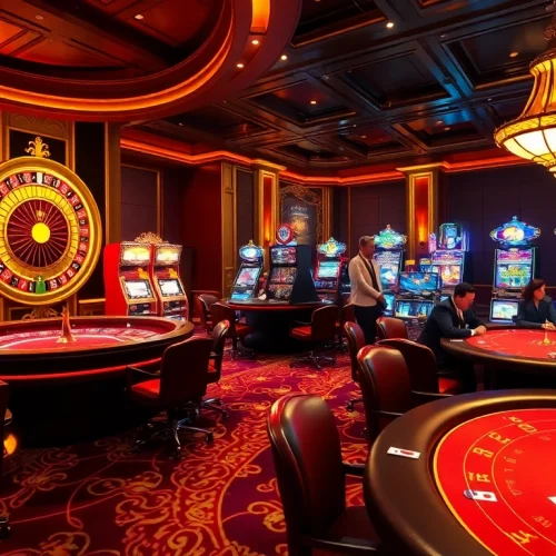 Experience the excitement of rikvip with vibrant casino tables and illuminated gaming elements.
