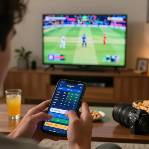 Jaya9 player placing sports bets on a smartphone while watching a cricket match, showcasing thrilling live action.