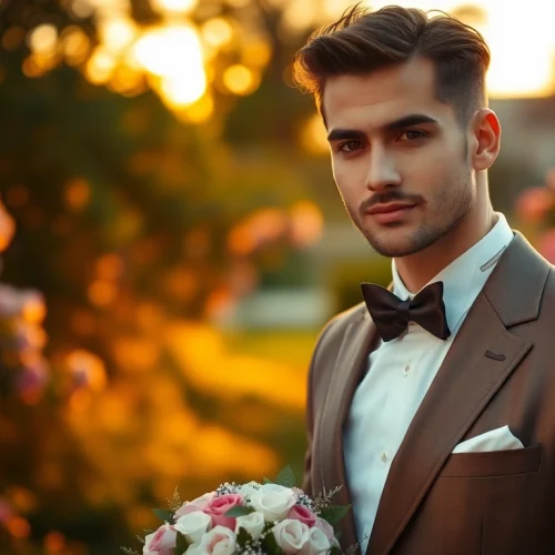Model showcasing stylish designer menswear in a vibrant garden during sunset.