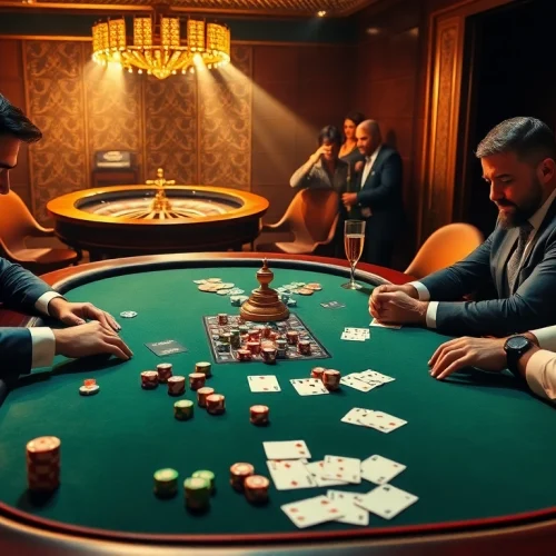 Gambling excitement at king79 with poker players at a luxurious table, chips, and cards.
