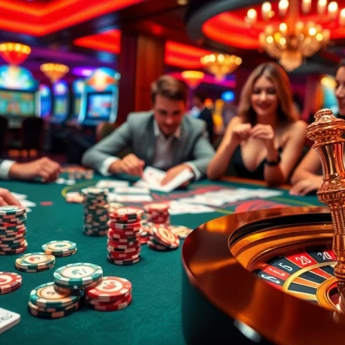 Players enjoying card games at sunwin casino table, amidst a lively gambling atmosphere.