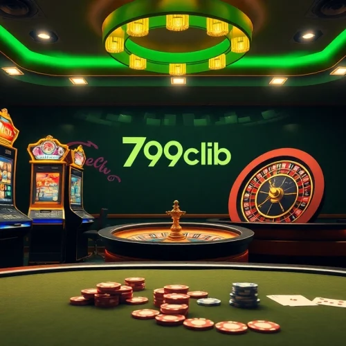 Experience the thrill of 789club with a luxurious virtual casino featuring slot machines and a poker table.
