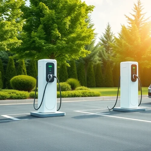 EV Charging Installation showcasing modern electric vehicle chargers with vibrant green surroundings.